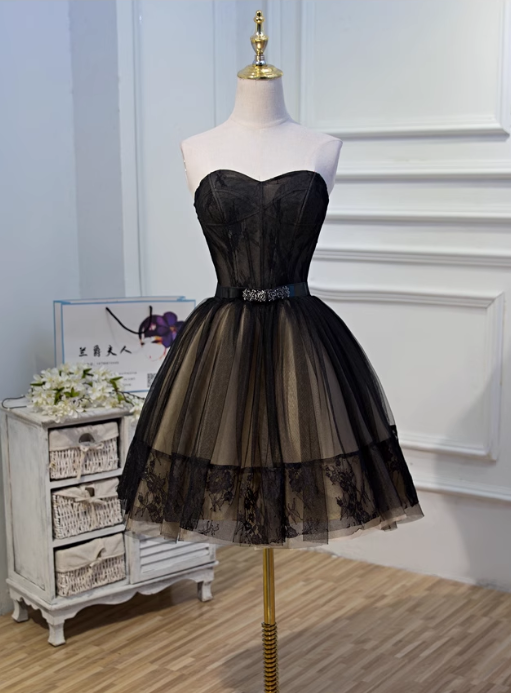 Charming Black Floral Embroidery Design Elegant Mesh Spaghetti Strap Homecoming Dress TP3487