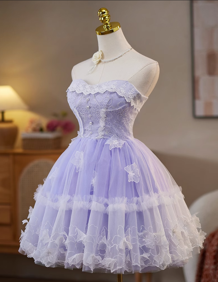 Vintage Violet Lace Design Elegant Mesh Sleeveless Strapless Homecoming Dress TP3492