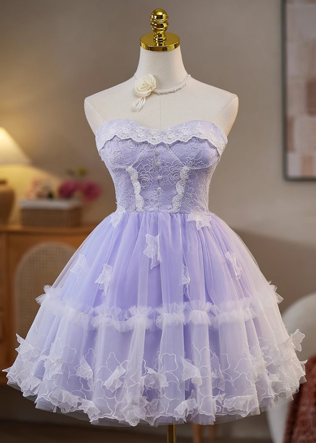 Vintage Violet Lace Design Elegant Mesh Sleeveless Strapless Homecoming Dress TP3492