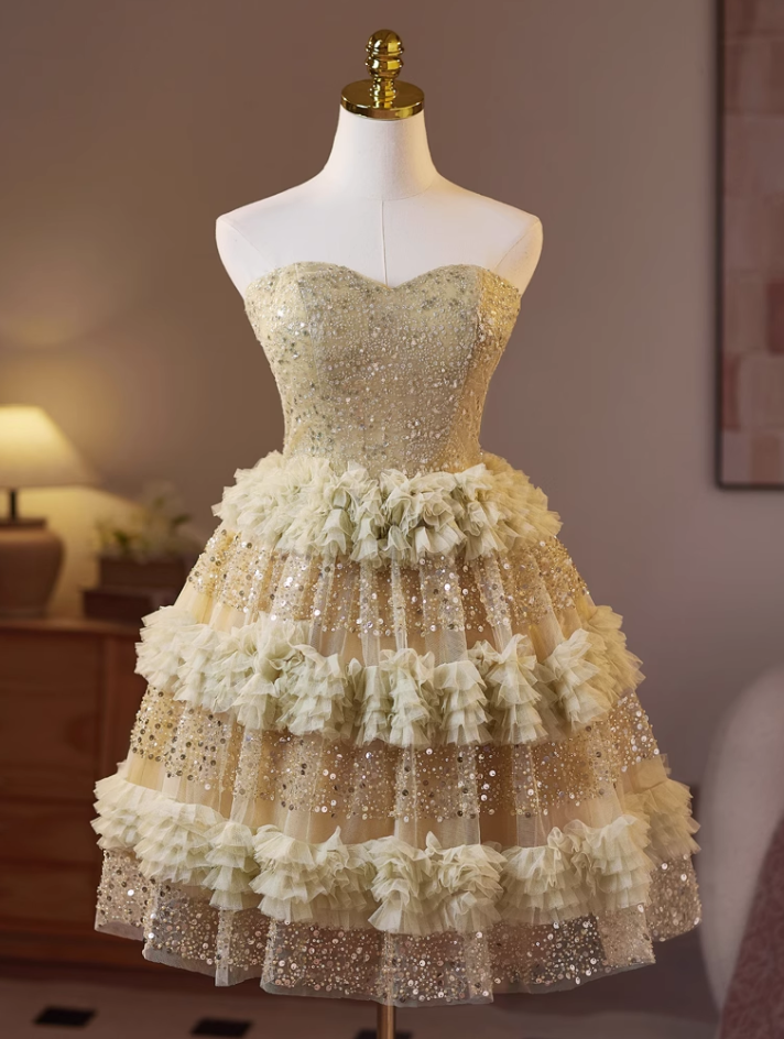 Vintage Sequined Design Elegant Mesh Sleeveless Strapless Tiered Homecoming Dress TP3495