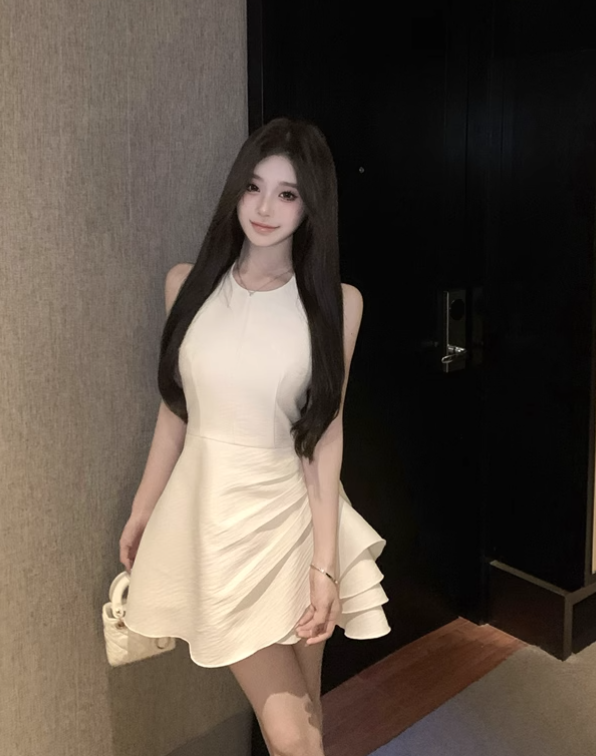 Vestido de fiesta de satén blanco con volantes irregulares, corte A, cuello halter, TP3690