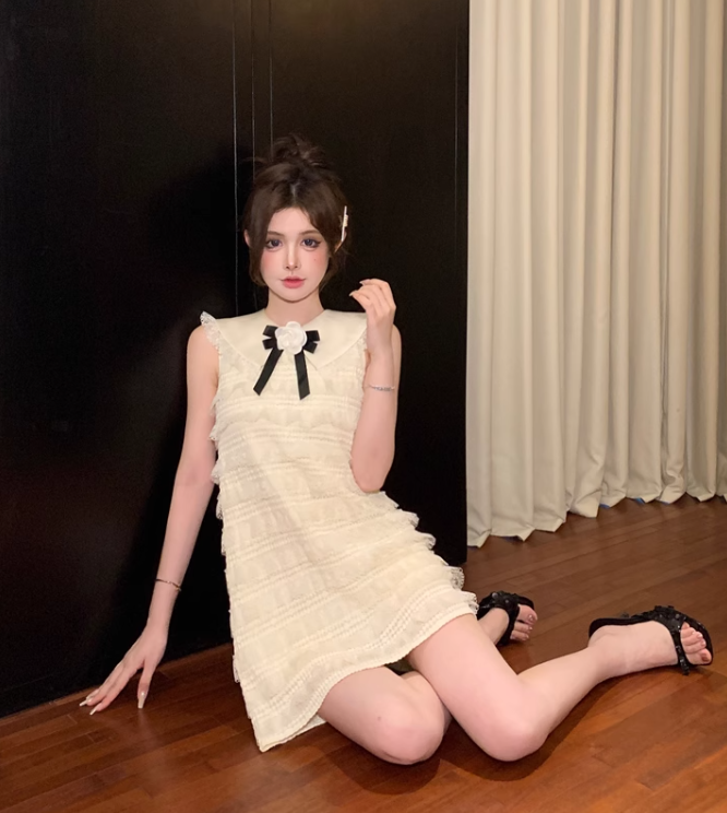 Vestido de fiesta de moda beige con lazo y encaje, corte A, sin mangas y sin tirantes, TP3698