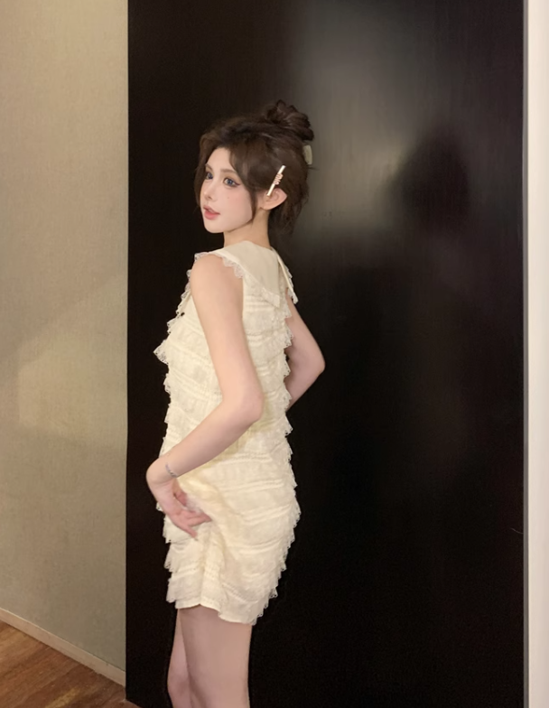 Vestido de fiesta de moda beige con lazo y encaje, corte A, sin mangas y sin tirantes, TP3698