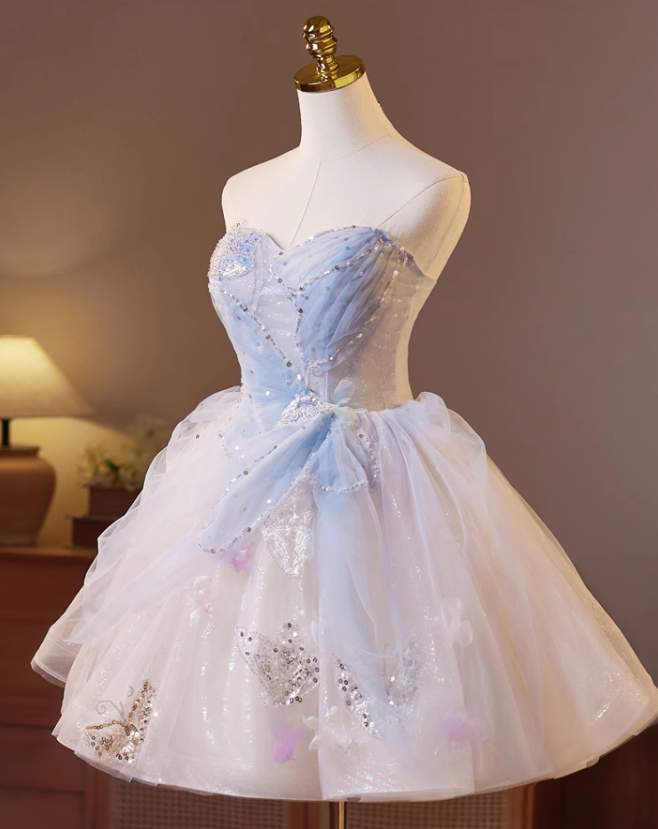 Chic Sequin A-line Sweetheart Tulle Strapless Party Dresses Homecoming Dresses, TP3784