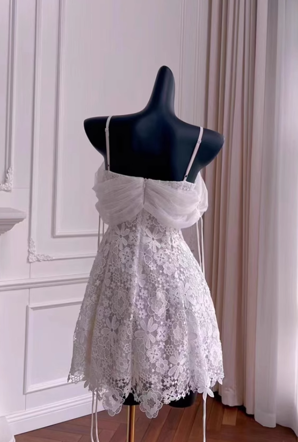 Vintage White Spaghetti Strap Appliqued A-line Party Dresses Homecoming Dresses, TP3797