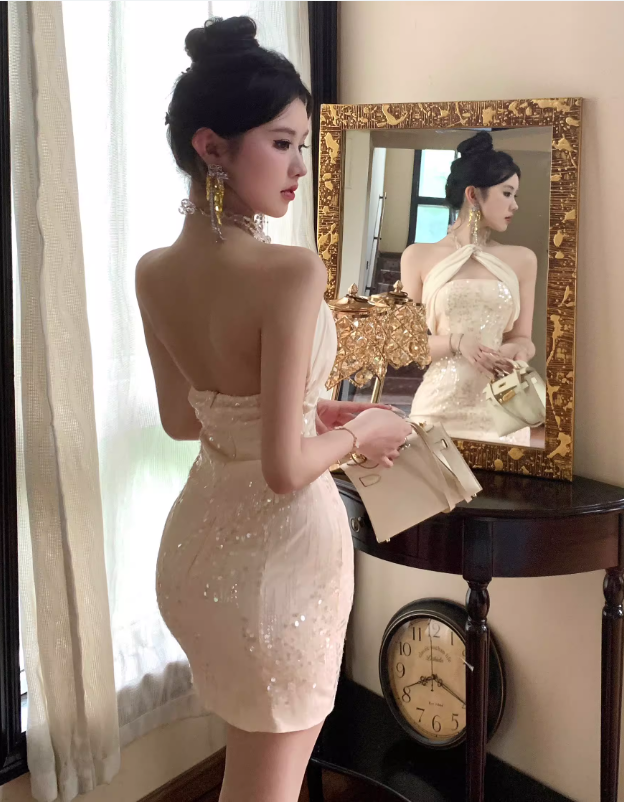 Fashion Champagne Sequin Design A-line Party Halter Dress Homecoming Dress TP3818