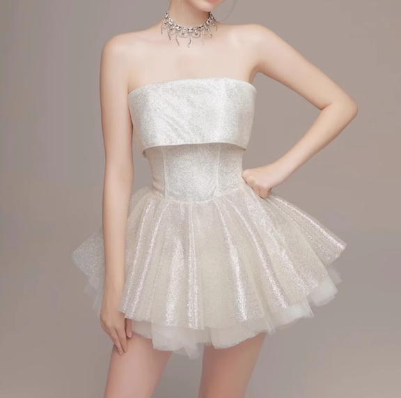 Cute Beige Sequin Ruffled Hem Design A-line Satin Strapless Party Dress Homecoming Dress TP3823