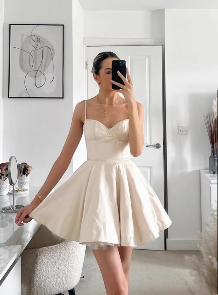 Vestido de fiesta beige con escote en forma de corazón y tirantes finos, corte A, para regreso a casa, TP3860