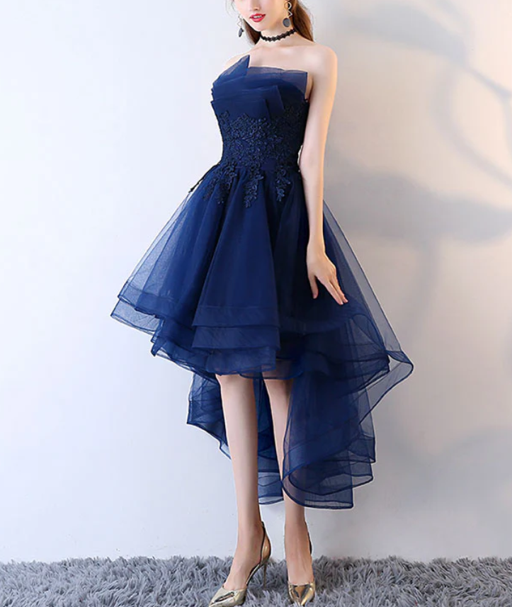 Retro Navy Blue Strapless Ruffled Hem Design A-line Tulle Party Dress Homecoming Dress TP4061