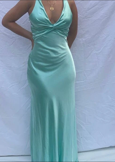 Vestido de fiesta vintage de satén con escote en V, vestido de noche largo, vestido formal sin espalda TP4590