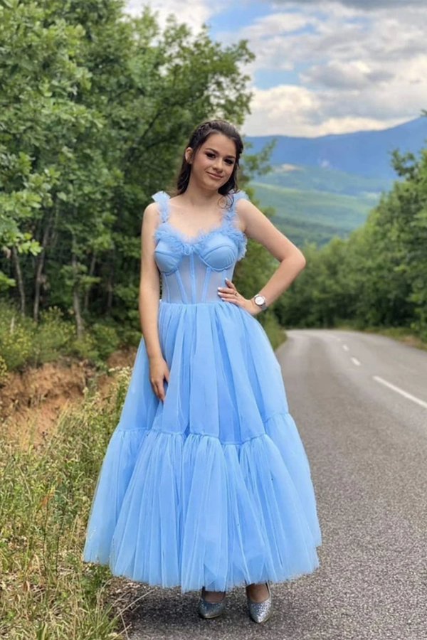 Vestido de fiesta de tul azul cielo con tirantes finos, corte en A, escote corazón, vestidos de bienvenida, vestidos formales