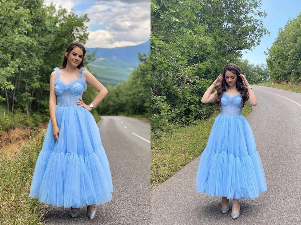 Vestido de fiesta de tul azul cielo con tirantes finos, corte en A, escote corazón, vestidos de bienvenida, vestidos formales