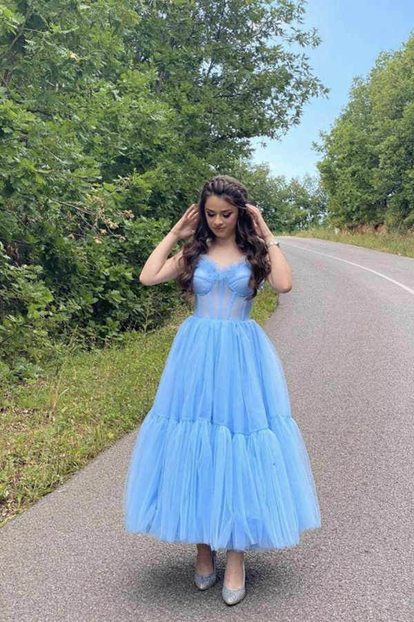 Vestido de fiesta de tul azul cielo con tirantes finos, corte en A, escote corazón, vestidos de bienvenida, vestidos formales