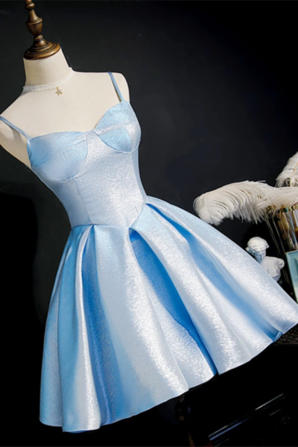 Vestidos de fiesta cortos, sencillos, de color azul claro, con cordones en la espalda y tirantes finos, vestidos formales