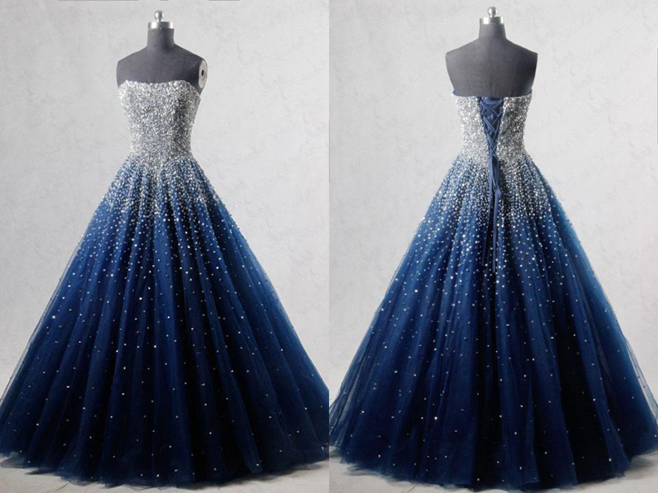 Vestido de fiesta azul marino sin tirantes, largo hasta el suelo, con lentejuelas y cuentas. Vestidos de fiesta y formales.