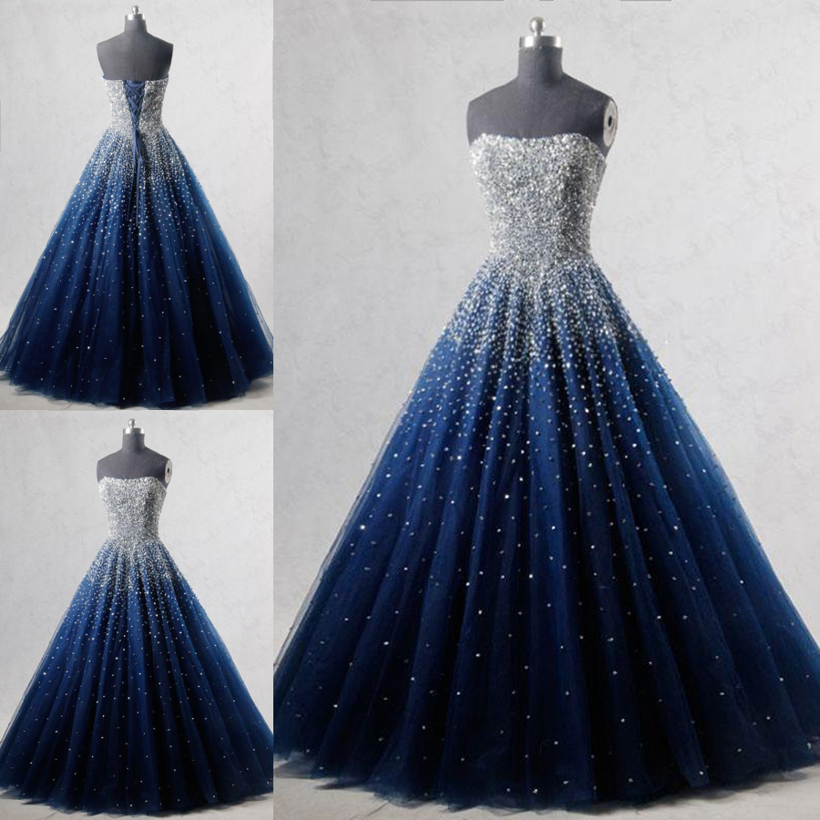 Vestido de fiesta azul marino sin tirantes, largo hasta el suelo, con lentejuelas y cuentas. Vestidos de fiesta y formales.