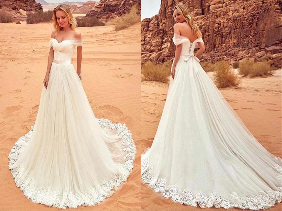 Vestido de novia largo de tul con hombros descubiertos, encantador, blanco, para mujer, en oferta.