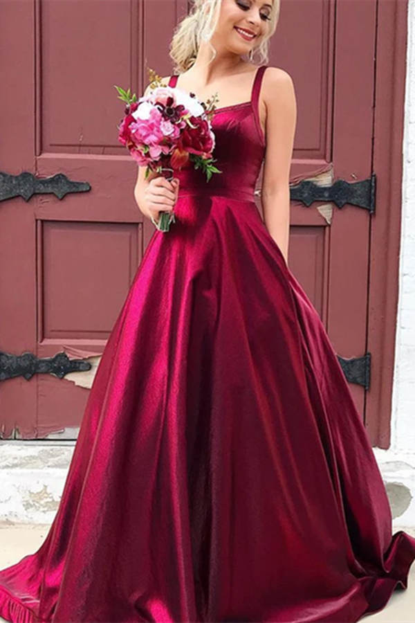 Vestidos de fiesta largos de satén burdeos con tirantes finos, corte A y bolsillos, vestidos formales sexys.