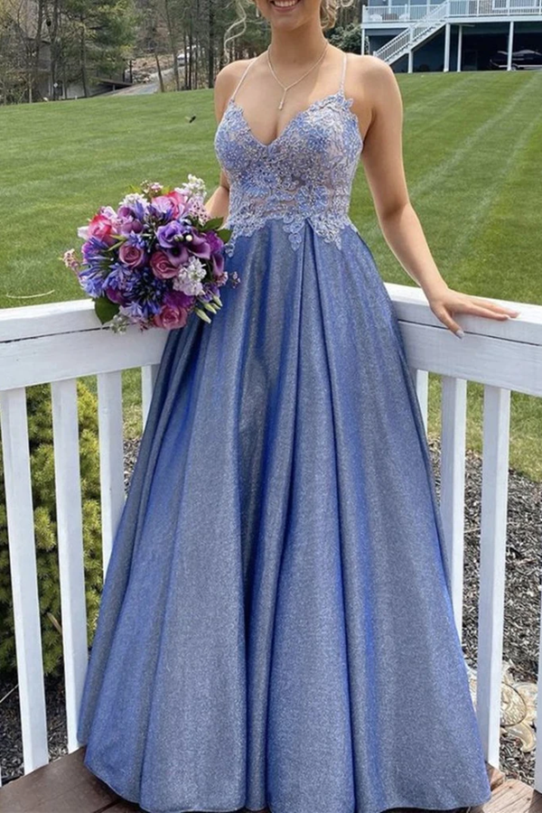 Vestidos de fiesta de corte A con tirantes finos y parte superior de encaje azul, vestidos de noche formales largos