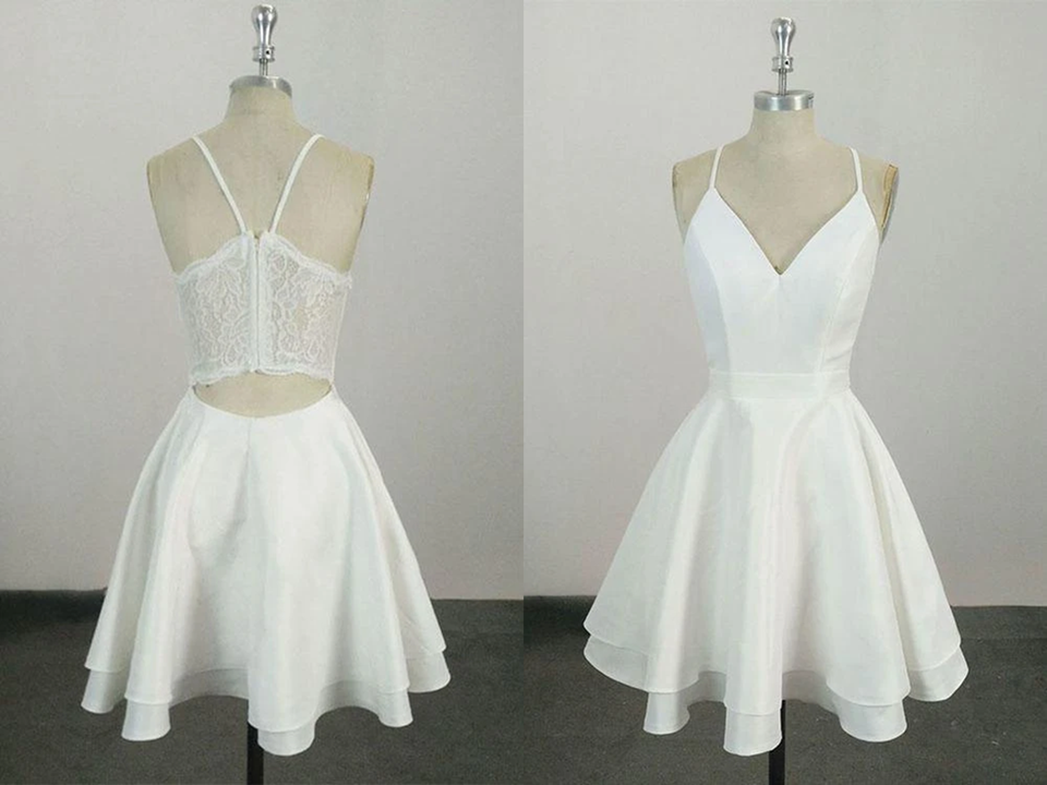 Vestido de cóctel corto con tirantes finos, escote en V y largo hasta la rodilla. Vestidos de fiesta.