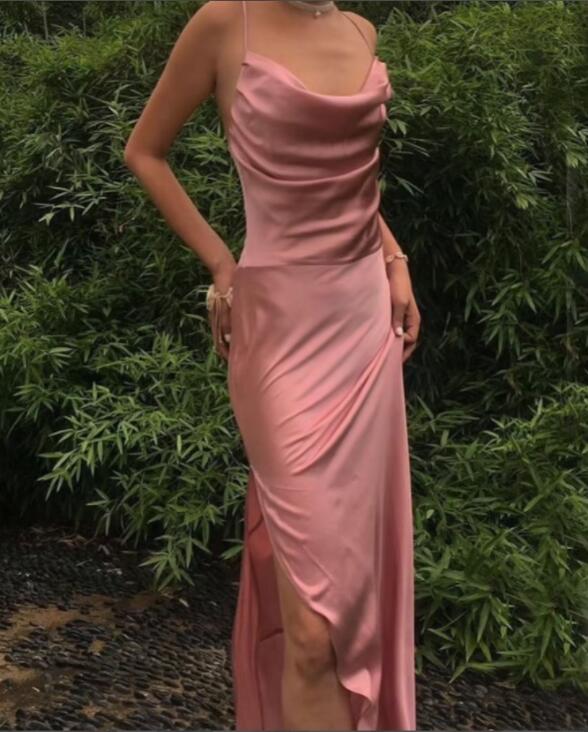 Spaghetti Straps Simple Long Prom Dresses With Split, Slit Evening Gowns GP313