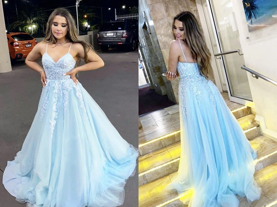 Vestido de fiesta largo azul claro con escote en V y apliques de encaje, vestido de noche formal con tirantes finos, vestidos formales