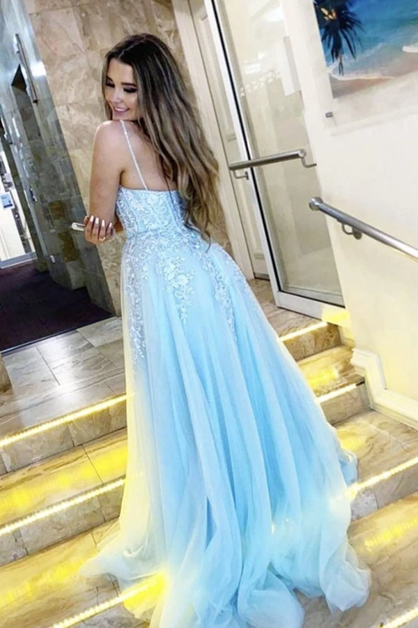 Vestido de fiesta largo azul claro con escote en V y apliques de encaje, vestido de noche formal con tirantes finos, vestidos formales