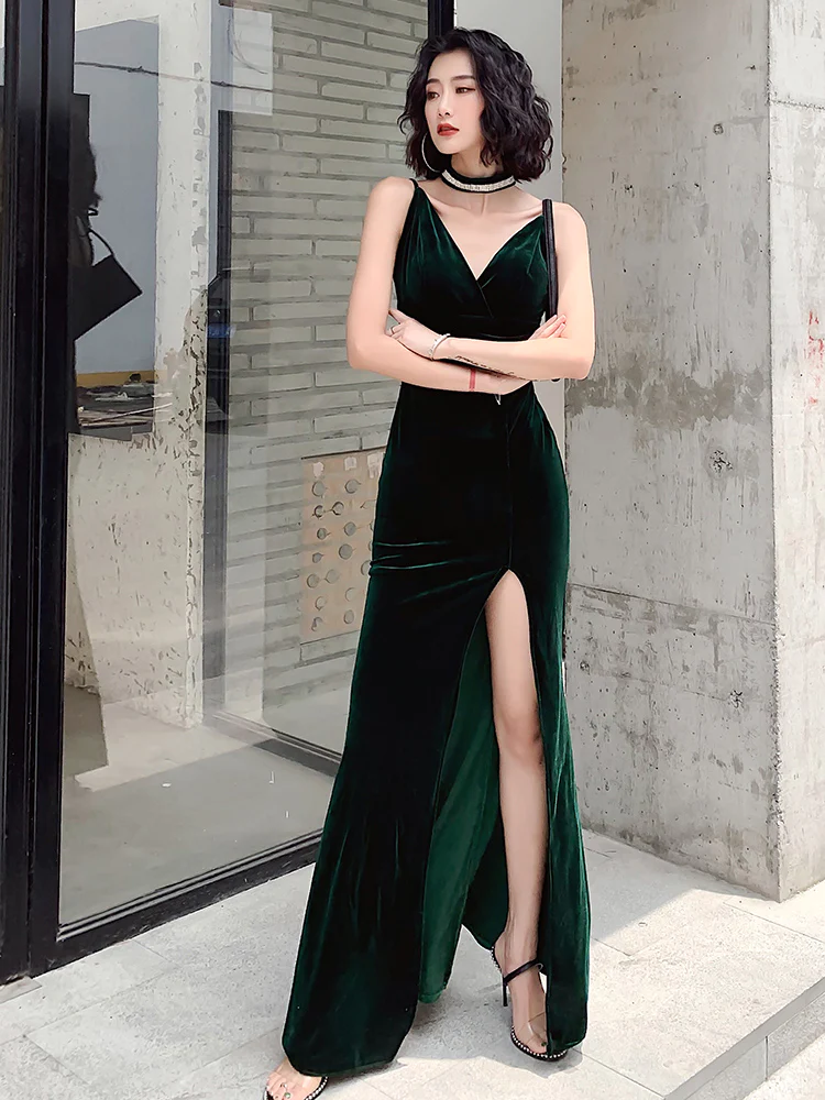 Dark Green Velvet Long Straps Floor Length Party Dress, Green Prom Dress Formal Dress gh33