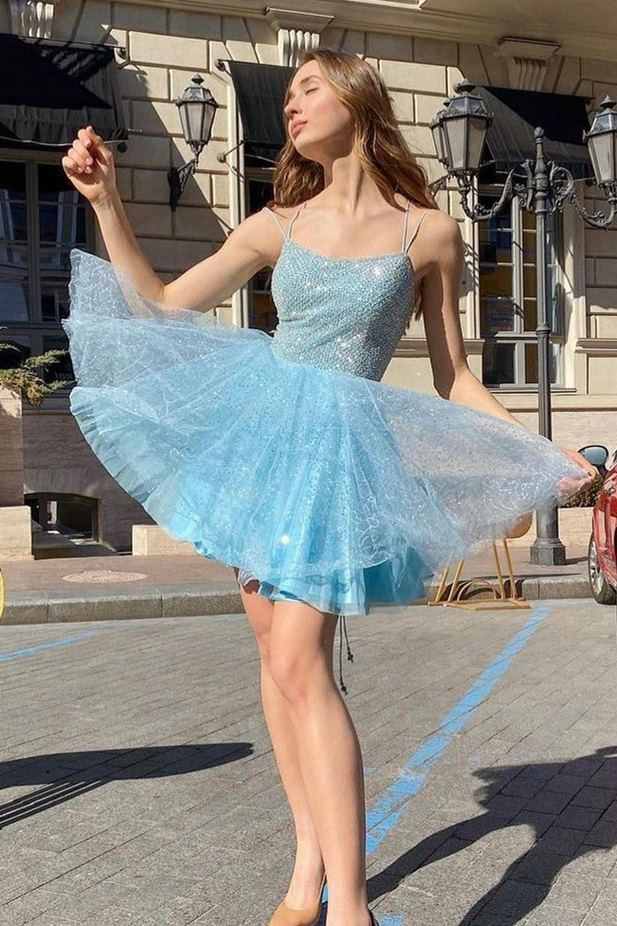 Blue A-line Beaded Spaghetti Straps Short Homecoming Dress gh1531