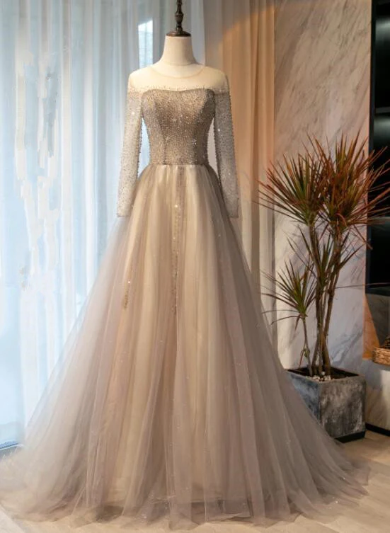 Light Grey Beaded Long Sleeves Fashionable Tulle Evening Dress, Tulle Grey Prom Dress Party Dress gh91