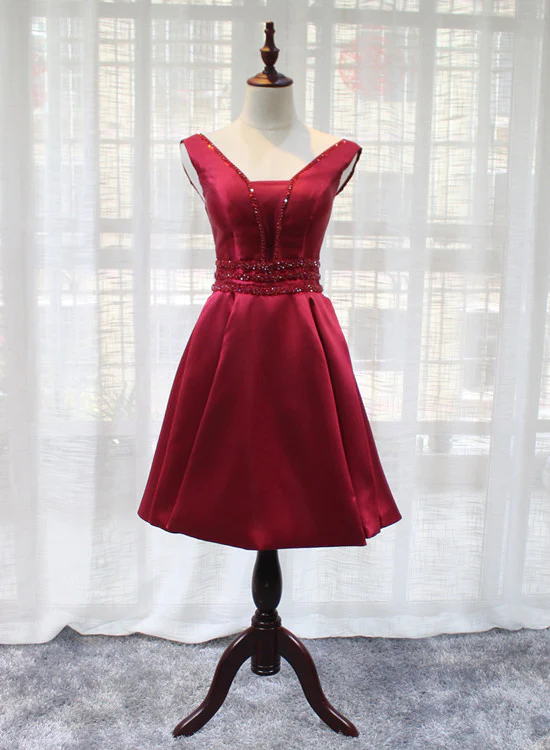 Beautiful Dark Red Satin V-Neckline Party Dress, Charming Short Homecoming Dress gh531