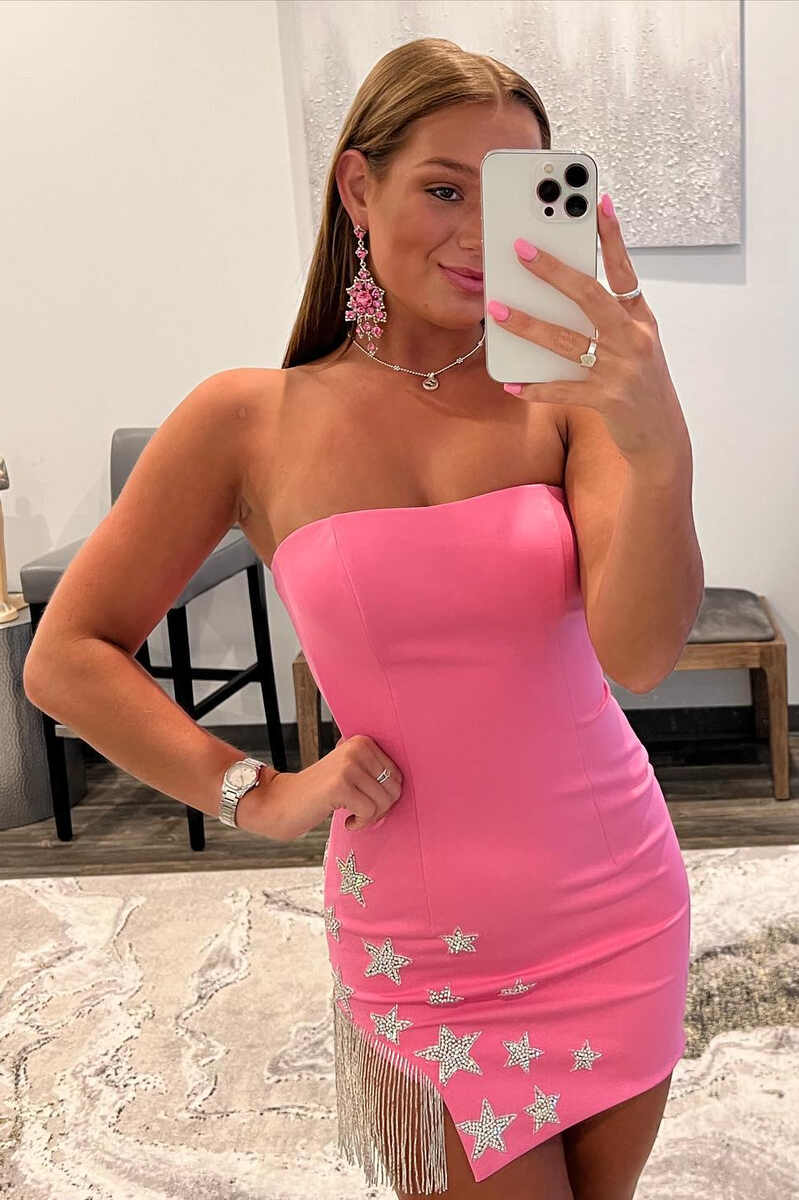 Hot Pink Strapless Beaded Stars Short Homecoming Dress gh1315