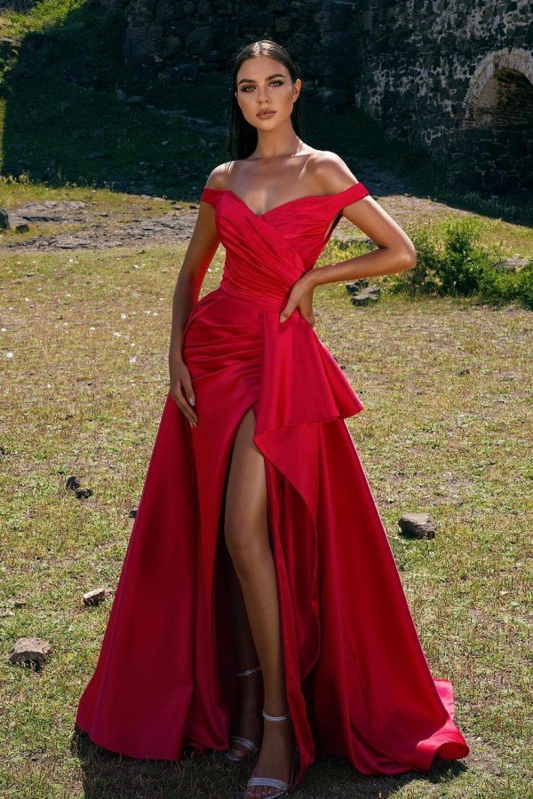 Red Off-The-Shoulder Mermaid Prom Dress With Split gh664