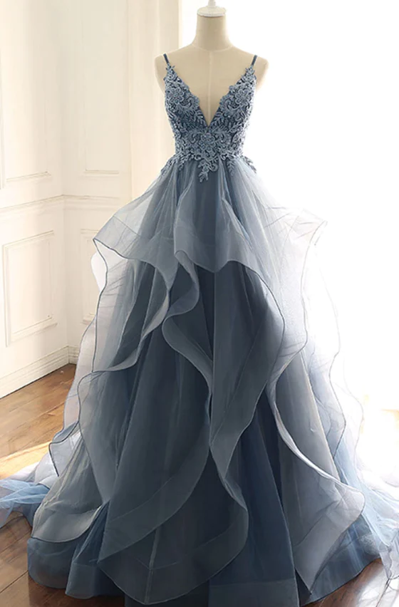 Blue v neck lace tulle long prom dress, evening dress gh970