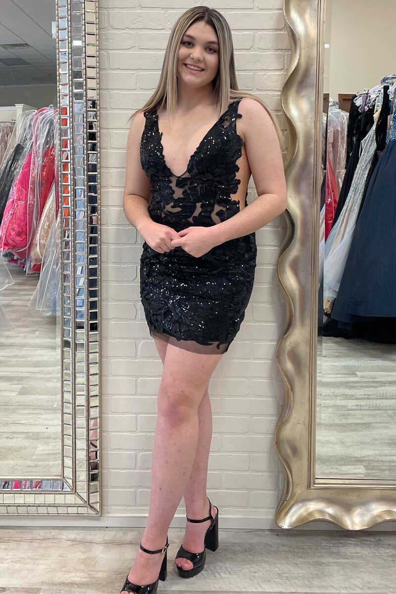 Black Appliqués Plunge Neck Mini Party Dress gh1362
