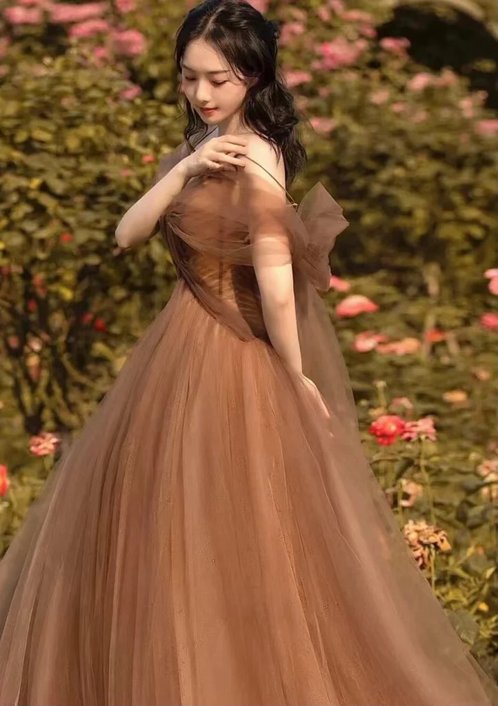 Beautiful Champagne Tulle Straps Long Formal Gown, Tulle Party Dresses Evening Dresses Prom dress gh21
