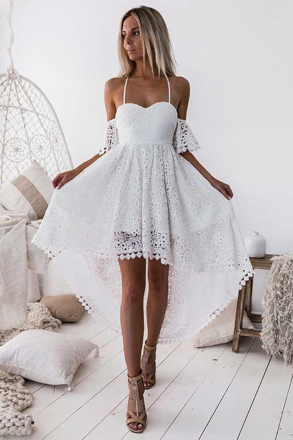 A-Line Straps Off-The-Shoulder High Low White Lace Homecoming Dress gh827