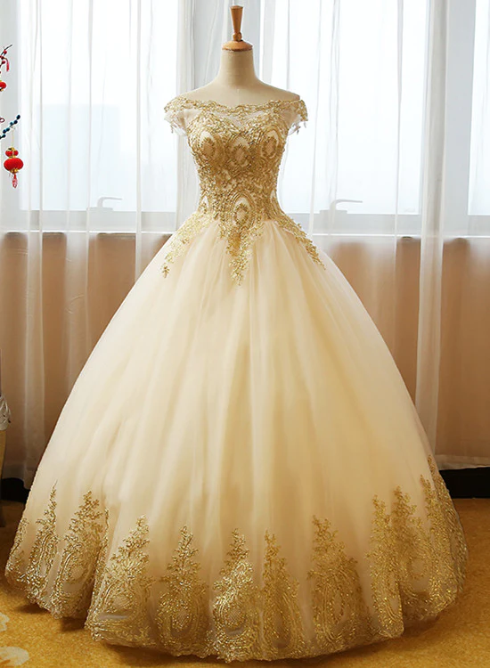 Beautiful Champagne With Gold Applique Long Party Dress, Sweet 16 Dresses gh354
