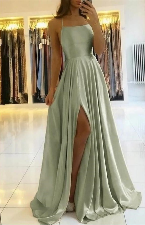 Spaghetti-Straps Prom Dress With Slit gh693