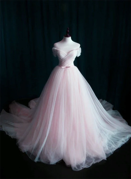 Pink Sweetheart Tulle Long Wedding Party Dress With Belt, Pink Formal Gown gh68