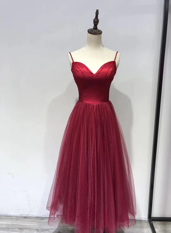 Beautiful Wine Red Straps Beaded Tea Length Wedding Party Dress, Prom Dress gh589
