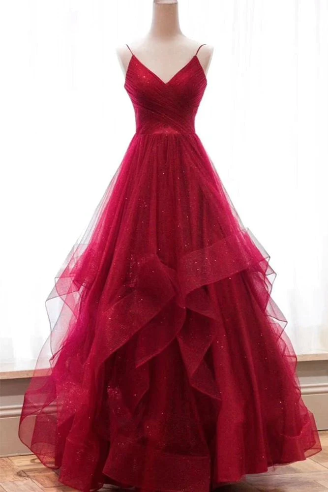 V-neck A-line Sparkly Long Prom Dresses gh1161