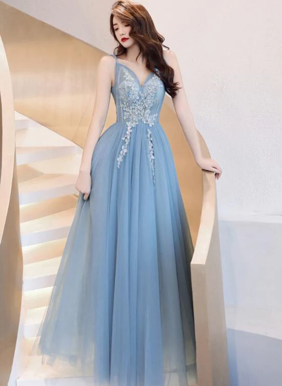 Charming Blue V-Neckline Tulle Party Dress With Staps, Long Prom Dress gh373