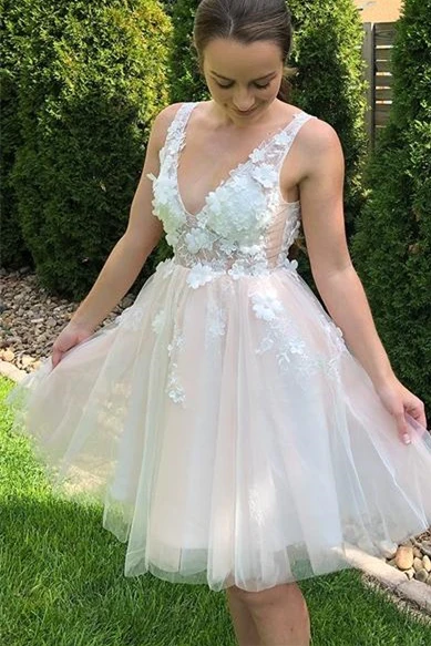A-line Pink and White Appliques Short Homecoming Dress gh1510