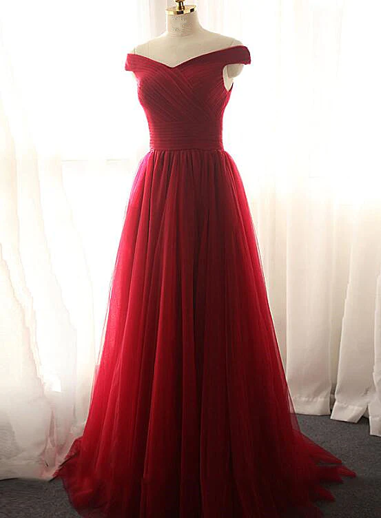 Dark Red Tulle A-Line Long Prom Dress, Beautiful Prom Dress gh441