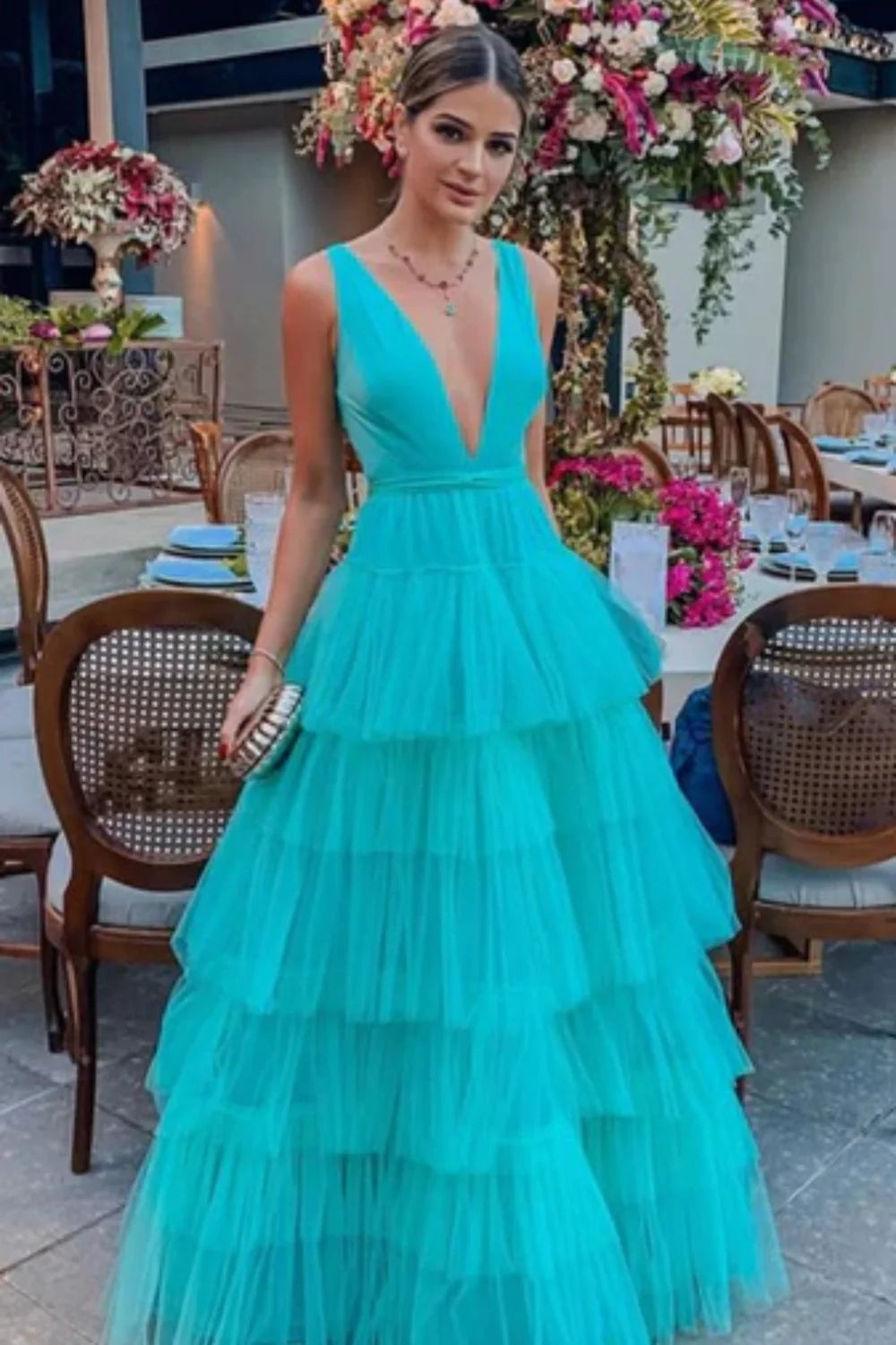 Blue fashion V-neck elegant A-line long floor-length tulle ball gown evening dress wedding guest party dress gh980
