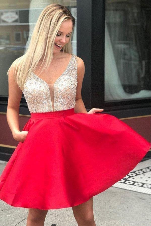 Red Beaded Satin Homecoming Dresses With Pocket Short Prom Dresses gh869