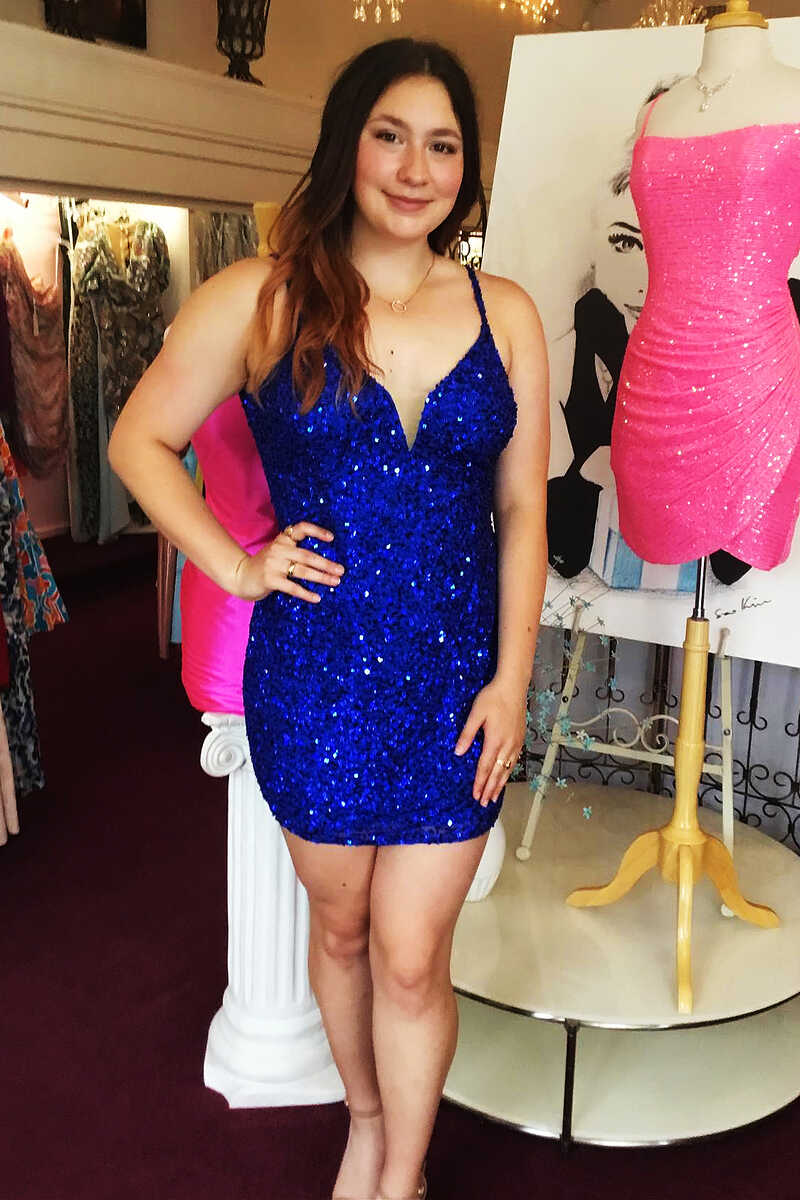 Royal Blue Sequin V-Neck Cutout Back Bodycon Short Dress gh1256