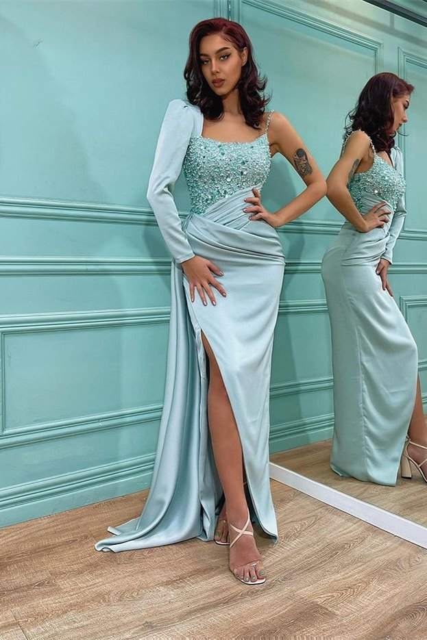 Elegant One Shoulder Long Sleeve Sequins Mermaid Prom Dress With Split gh785