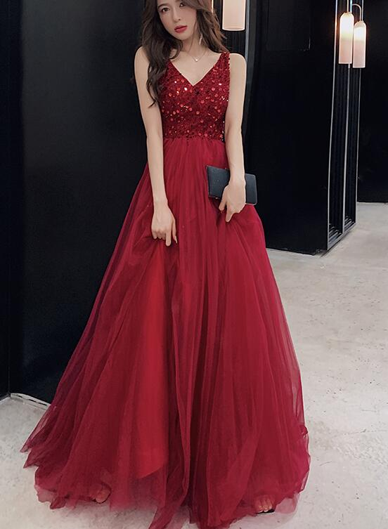 Sexy V-Neckline Wine Red Tulle Floor Length Party Dress, Red Formal Gown gh404